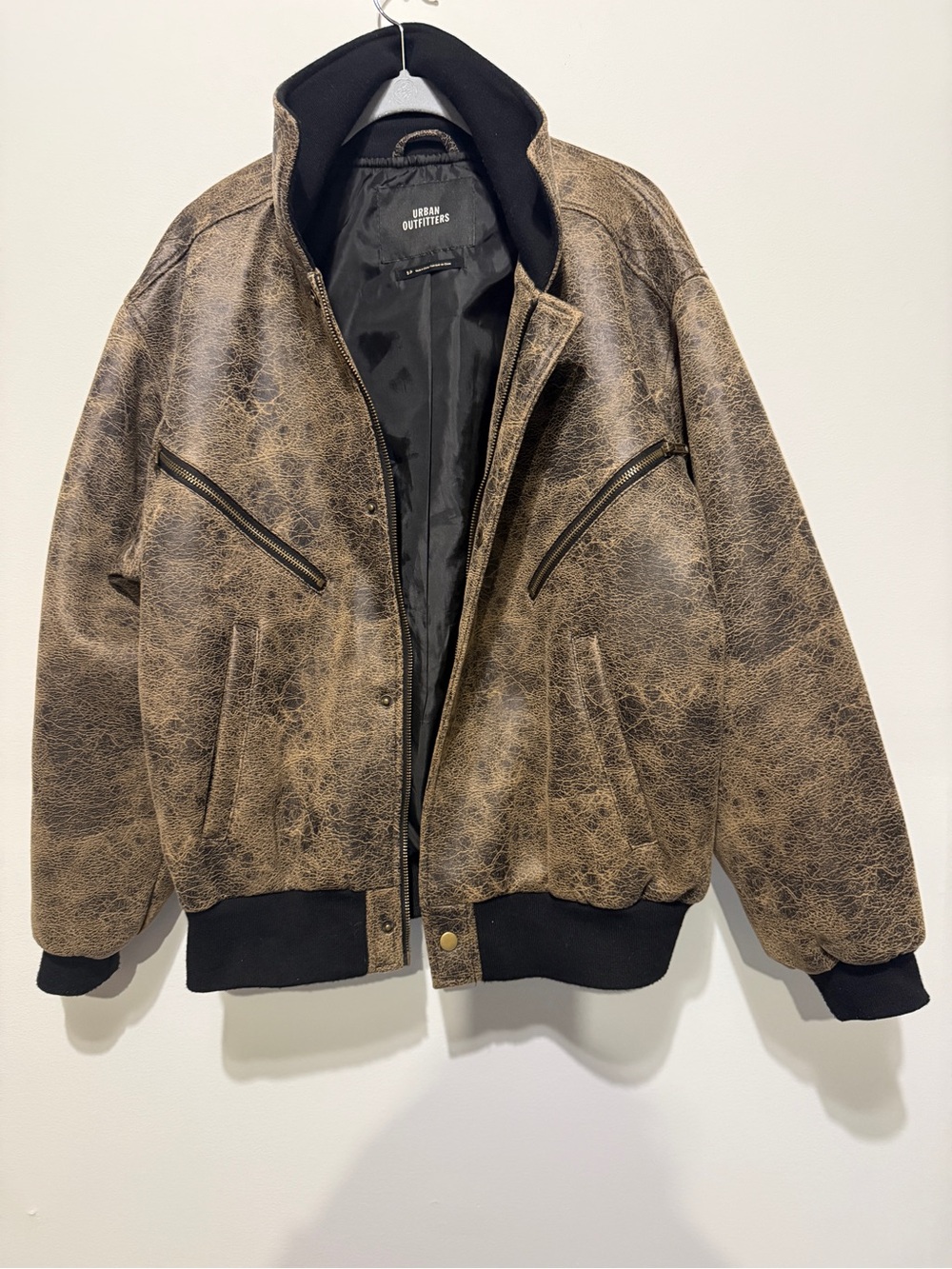 Urban Outfitters Distressed Brown Bomber Jacket with Black Trim Size Small